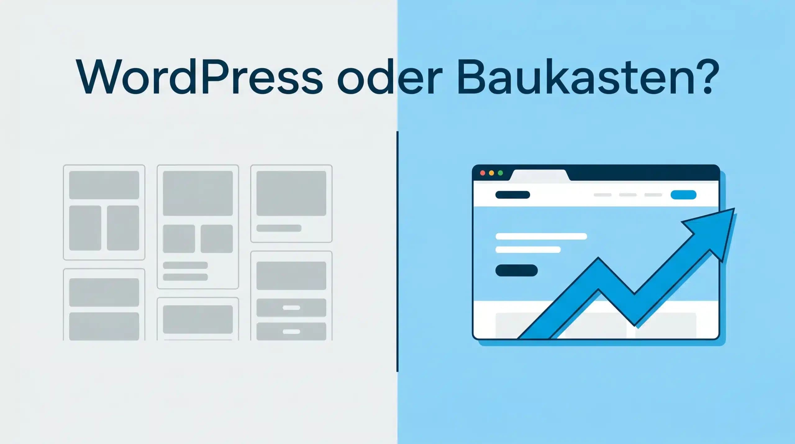WordPress oder Baukasten Vergleich: links graues Baukasten-Template-Raster, rechts professionelle WordPress-Website mit Wachstumspfeil